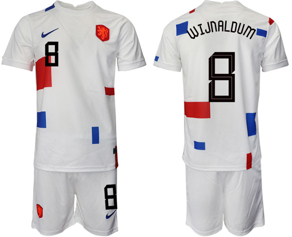 Men's Netherlands #8 Wijnaldum White Away Soccer Jersey Suit-0