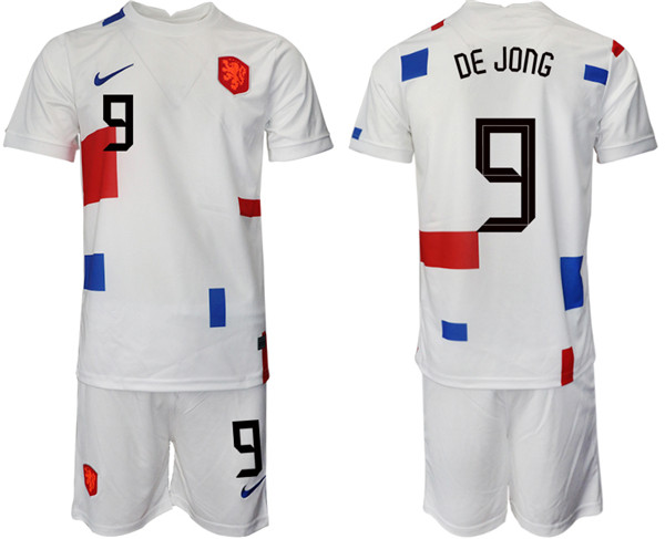 Men's Netherlands #9 Dejong White Away Soccer Jersey Suit-0