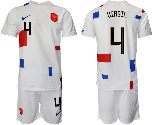 Men's Netherlands #4 Uirgil White Away Soccer Jersey Suit-0