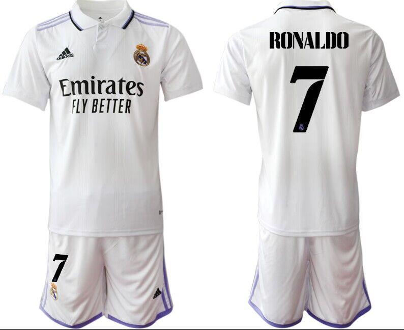 Men’s Real Madrid Blank White #7 Ronaldo Home Soccer Jersey Suit ...
