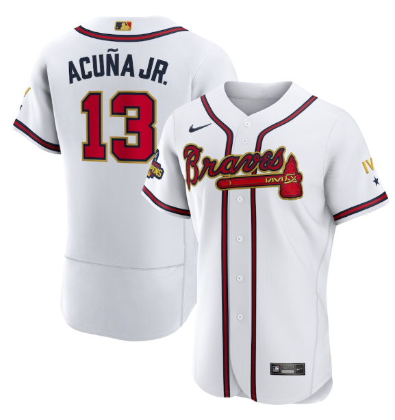 Men's Atlanta Braves #13 Ronald Acuña Jr. 2022 White/Gold World Series Champions Program Flex Base Stitched Baseball Jersey-0