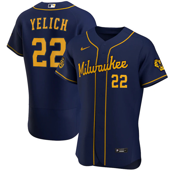 Men's Milwaukee Brewers #22 Christian Yelich Navy Alternate 2020 Stitched Jersey-0