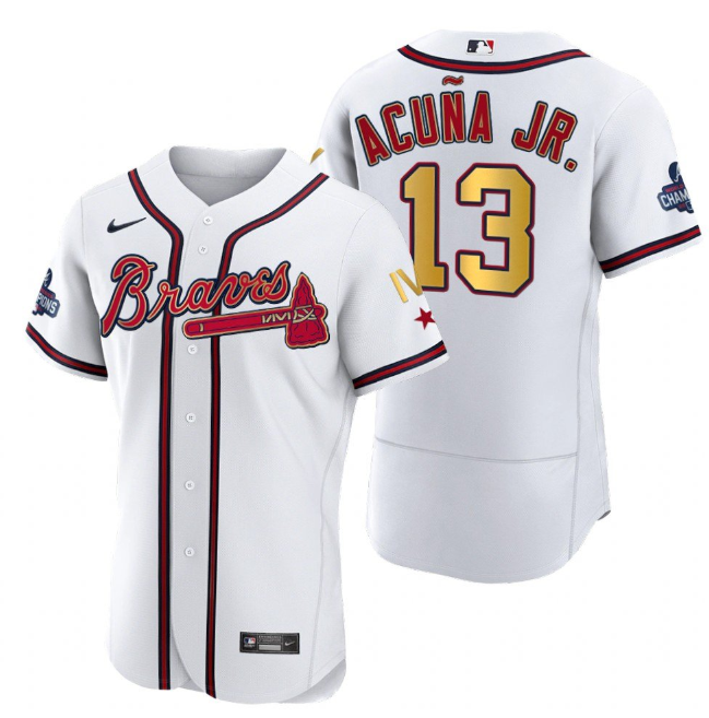 Men's Atlanta Braves #13 Ronald Acuña Jr. White Gold World Series Champions Flex Base Stitched Jersey-0