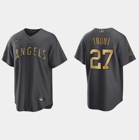 Men's Los Angeles Angels #27 Mike Trout 2022 All-star Charcoal Cool Base Stitched Jersey-0