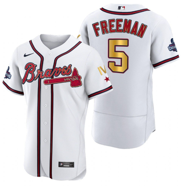 Men's Atlanta Braves #5 Freddie Freeman White Gold World Series Champions Flex Base Stitched Jersey-0