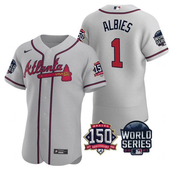 Men's Atlanta Braves #1 Ozzie Albies 2021 Gray World Series With 150th Anniversary Patch Stitched Baseball Jersey-0