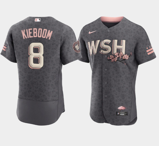 Men's Washington Nationals #8 Carter Kieboom 2022 Grey City Connect Cherry Blossom Flex Base Stitched MLB Jersey-0