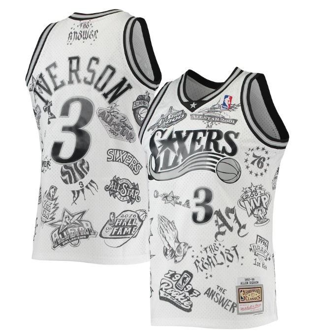 Men's Philadelphia 76ers #3 Allen Iverson Mitchell&Ness White 1997-98 Hardwood Classics Tattoo Swingman Stitched Basketball Jersey-0