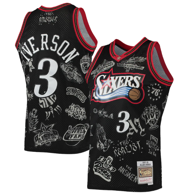 Men's Philadelphia 76ers #3 Allen Iverson Mitchell&Ness Black 1997-98 Hardwood Classics Tattoo Swingman Stitched Basketball Jersey-0