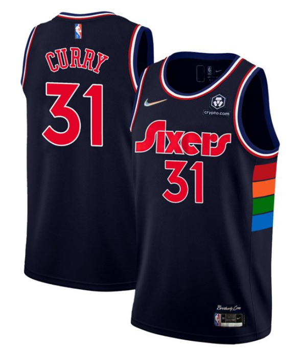 Men's Philadelphia 76ers #31 Seth Curry 2021/22 City Edition Navy 75th Anniversary Stitched Swingman Jersey-0
