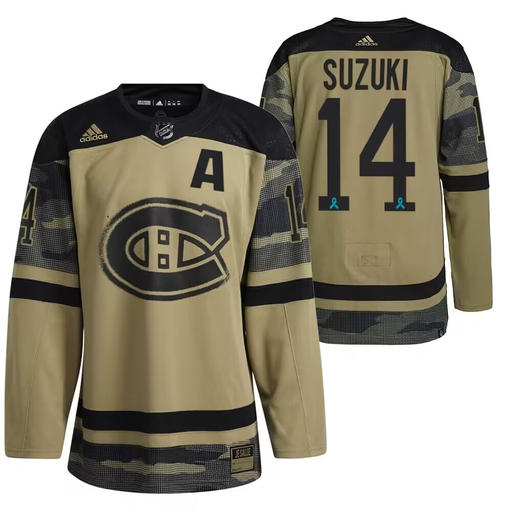 Men's Montreal Canadiens #14 Nick Suzuki Olive Salute To Service Stitched Jersey-0