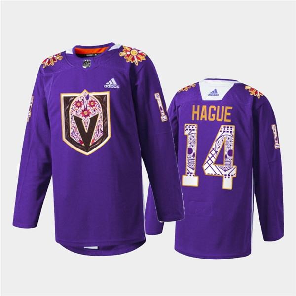 Men's Vegas Golden Knights #14 Nicolas Hague Purple Hispanic Heritage Warmup Stitched Jersey-0