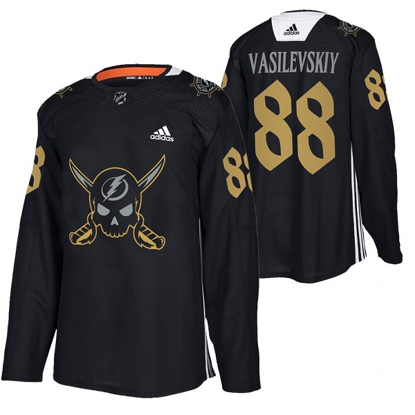 Men's Tampa Bay Lightning #88 Andrei Vasilevskiy Black Gasparilla inspired Pirate-themed Warmup Stitched Jersy-0