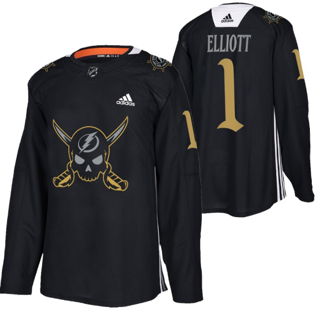 Men's Tampa Bay Lightning #1 Brian Elliott Black Gasparilla inspired Pirate-themed Warmup Stitched Jersy-0