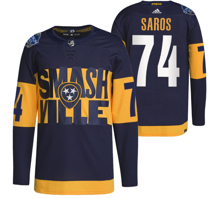Men's Nashville Predators #74 Juuse Saros 2022 Navy Stadium Series Breakaway Player Stitched Jersey-0