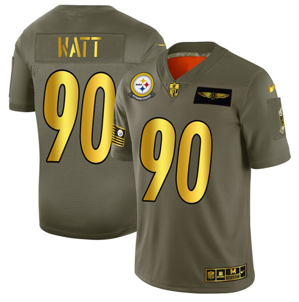 Men's Pittsburgh Steelers #90 T. J. Watt 2019 Olive/Gold Salute To Service Limited Stitched Jersey-0