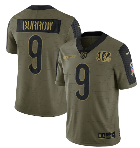 Men's Cincinnati Bengals #9 Joe Burrow 2021 Olive Salute To Service Limited Stitched Jersey-0