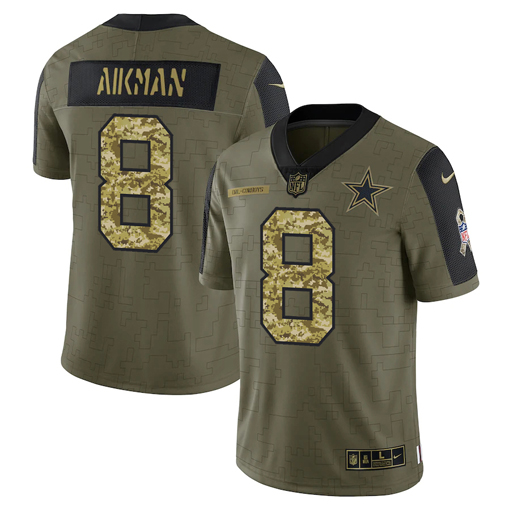 Men's Dallas Cowboys #8 Troy Aikman 2021 Olive Camo Salute To Service Limited Stitched Jersey-0
