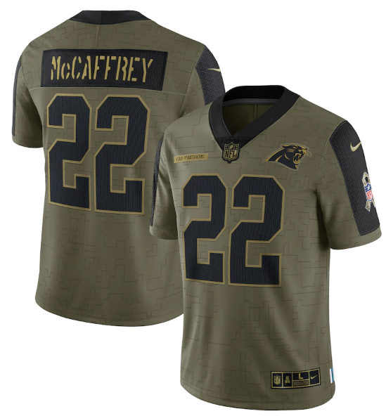 Men's Carolina Panthers #22 Christian McCaffrey 2021 Olive Salute To Service Limited Stitched Jersey-0