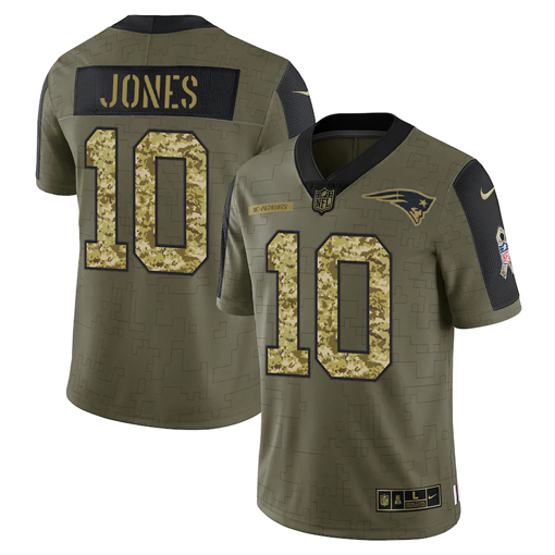 Men's New England Patriots #10 Mac Jones 2021 Olive Camo Salute To Service Limited Stitched Jersey-0