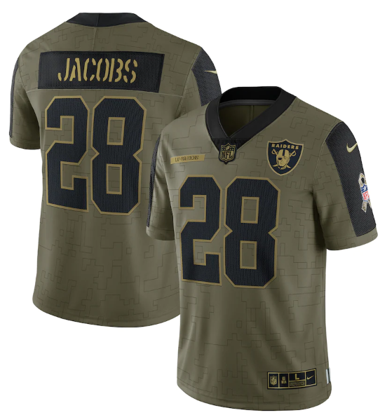 Men's Las Vegas Raiders #28 Josh Jacobs 2021 Olive Salute To Service Limited Stitched Jersey-0