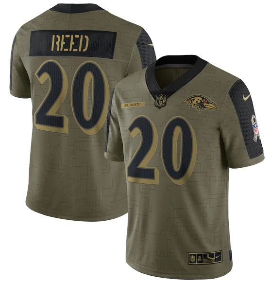 Men's Baltimore Ravens #20 Ed Reed 2021 Olive Salute To Service Limited Stitched Jersey-0