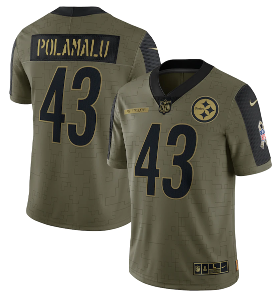 Men's Pittsburgh Steelers #43 Troy Polamalu 2021 Olive Salute To Service Limited Stitched Jersey-0