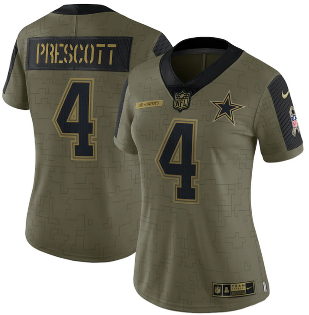 Women's Dallas Cowboys #4 Dak Prescott 2021 Olive Salute To Service Limited Stitched Jersey(Run Small)-0