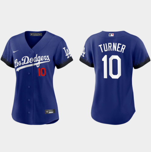 Women's Los Angeles Dodgers #10 Justin Turner 2021 Royal City Connect Cool Base Stitched Baseball Jersey(Run Small)-0