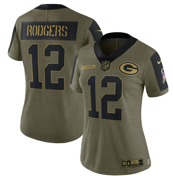 Women's Green Bay Packers #12 Aaron Rodgers 2021 Olive Salute To Service Limited Stitched Jersey(Run Small)-0