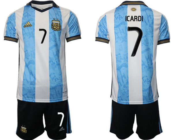 Men's Argentina #7 Icardi White/Blue Home Soccer Jersey Suit-0